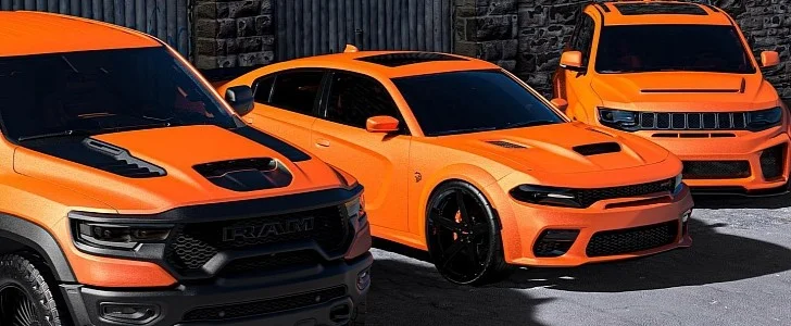 Photos of orange Ram TRX, Charger Redeye, and Trackhawk.
p/c:@412donklife